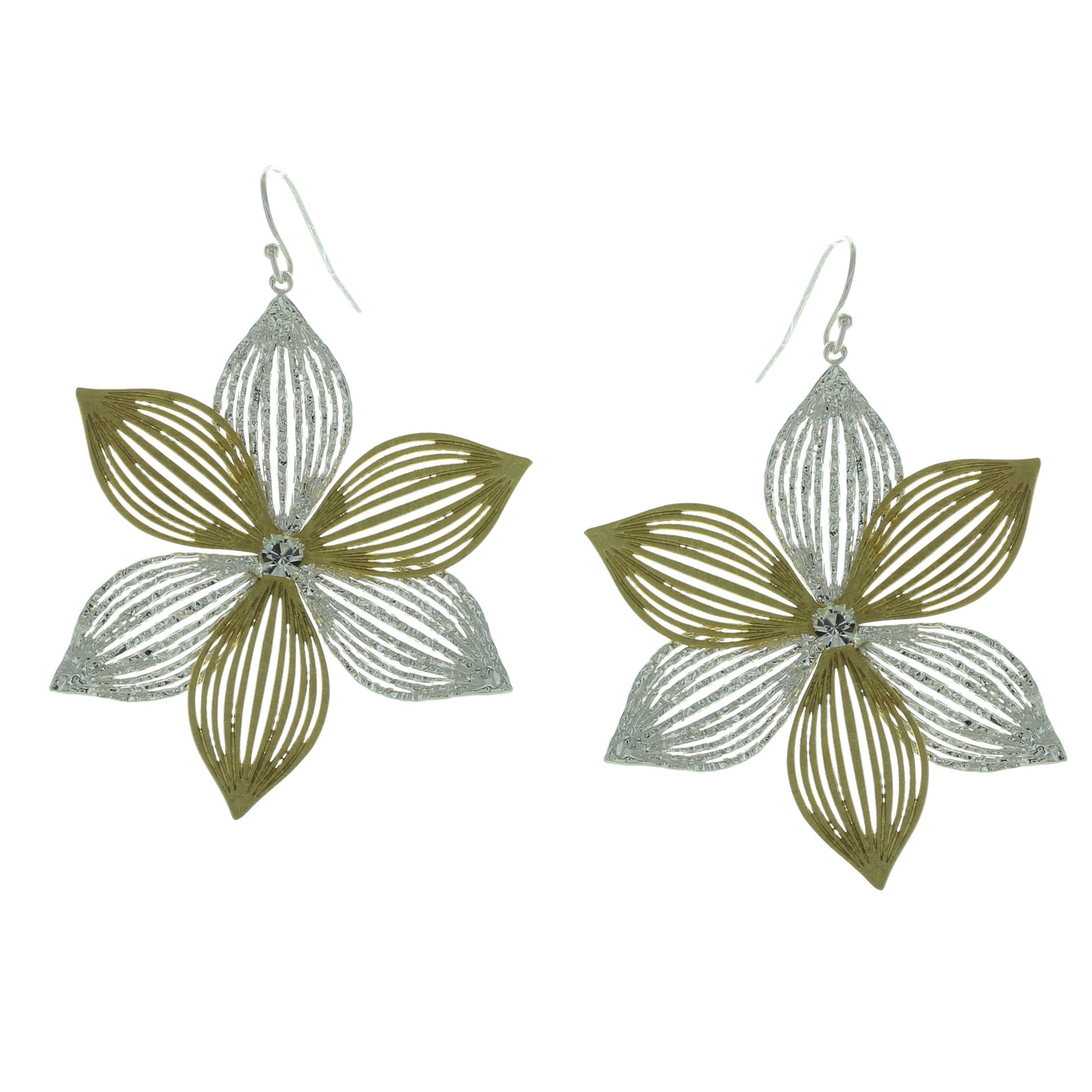 Two Tone Flower w/ Crystal Earrings