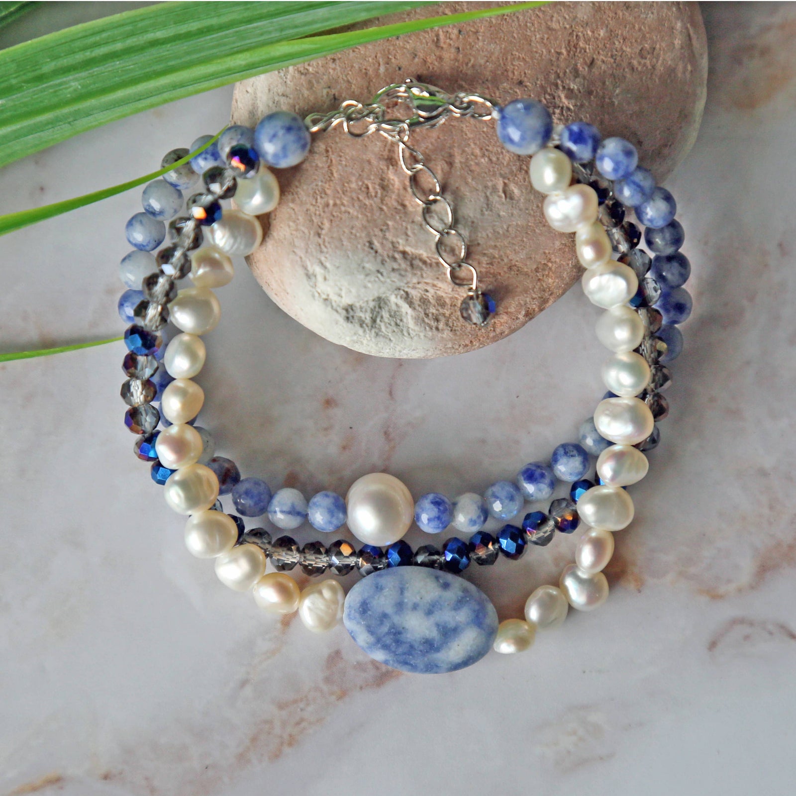 Multi Strand Sodalite & Cultured Pearls Bracelet