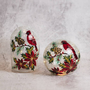 Poinsettia Cardinal Glass Orb with LED String Lights