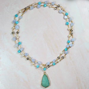 IST Jewelry - Blue Lace Agate and Freshwater Pearls Pendant Necklace