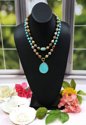 Crazy Lace Agate and Magnesite Turquoise Pendant Necklace