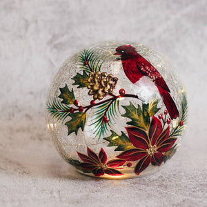 Poinsettia Cardinal Glass Orb with LED String Lights