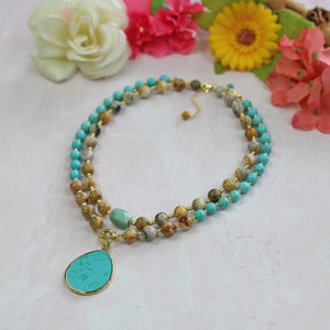 Crazy Lace Agate and Magnesite Turquoise Pendant Necklace