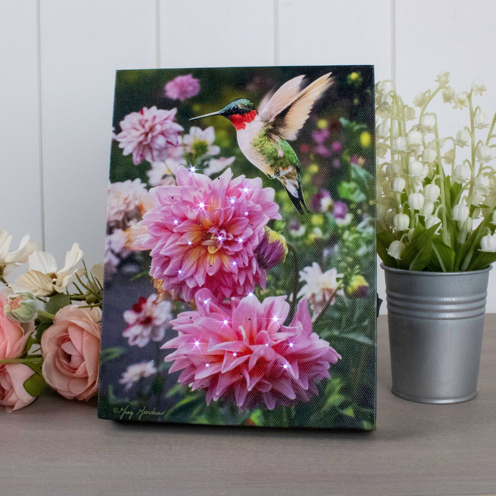 Hummingbird and Peony 6x8 Lighted Tabletop Canvas