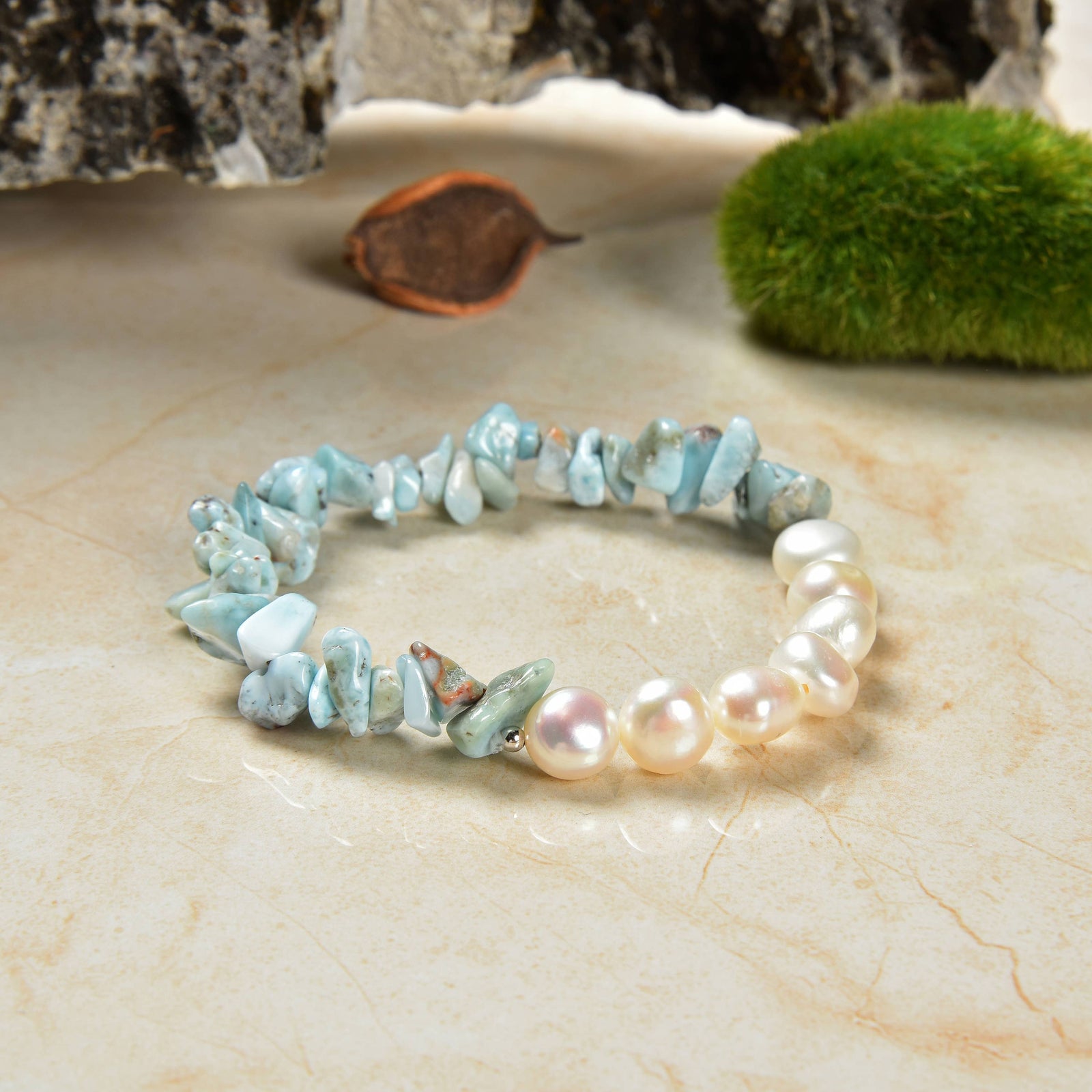 IST Jewelry - Larimar & Cultured Pearl Stretch Bracelet