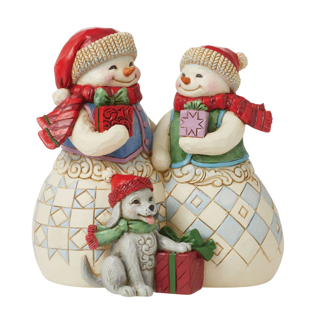 “Snuggled Up Together” Snow Couple with Puppy Figurine