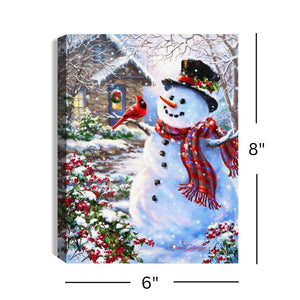 Snowman and Feathered Friend 8x6 Lighted Tabletop Canvas