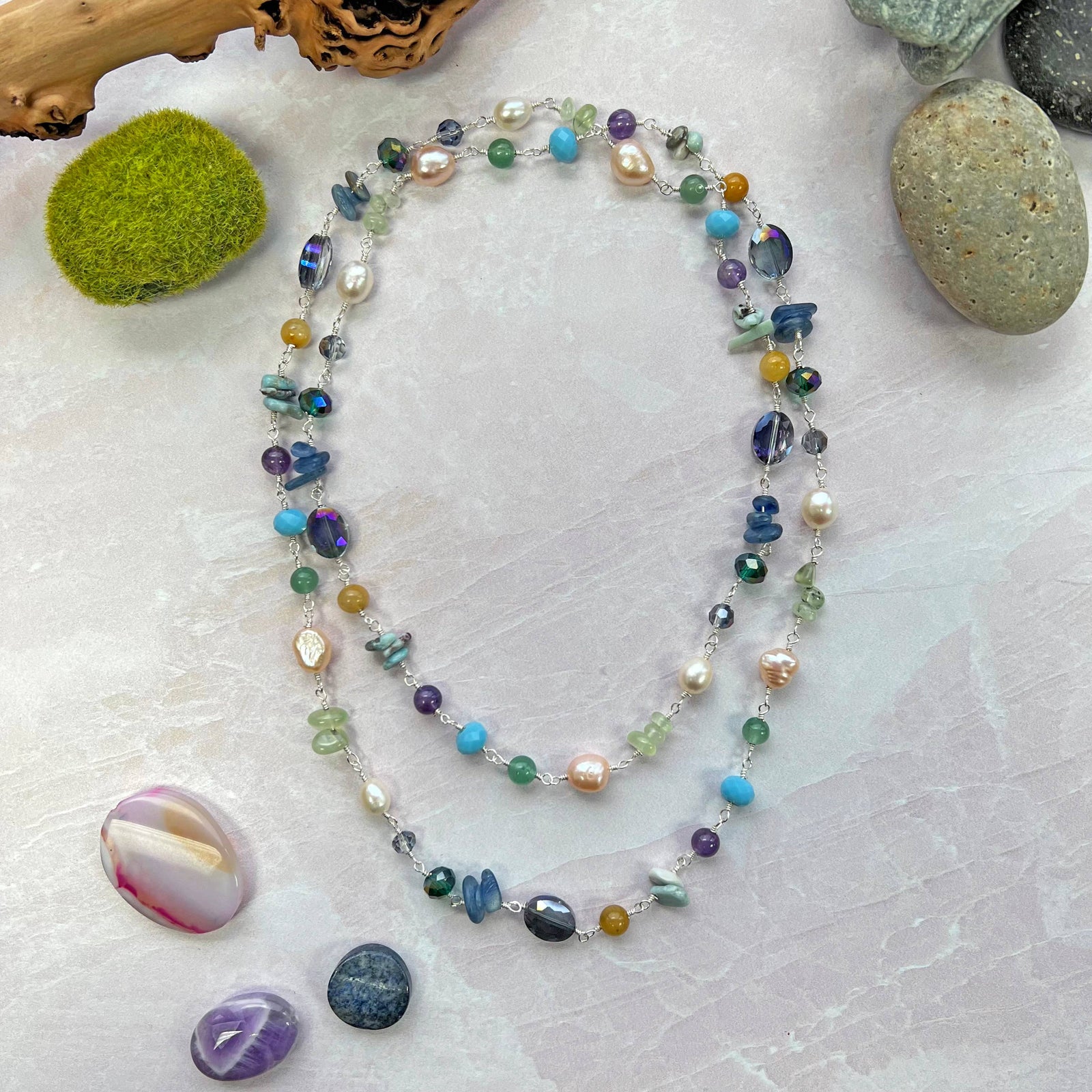 Cultured Pearl, Mix gemstone & Crystal Necklace