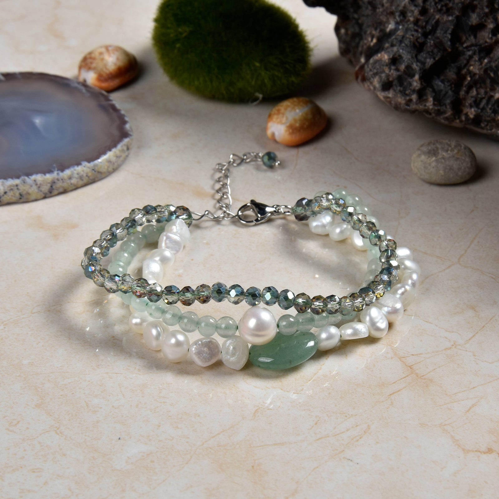 IST Jewelry - Multi-Strand Aventurine & Cultured Pearls Bracelet