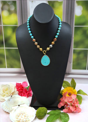 Crazy Lace Agate and Magnesite Turquoise Pendant Necklace