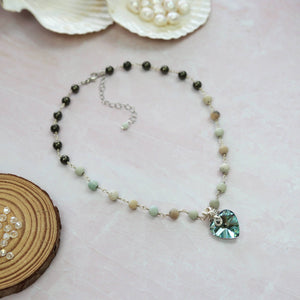 Amazonite, Pyrite and Heart Crystal Pendant Choker Necklace.