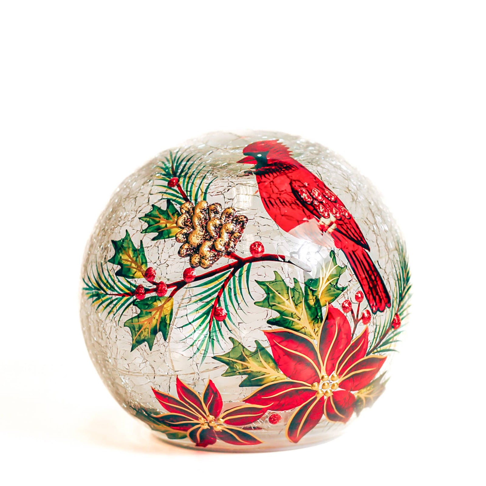 Poinsettia Cardinal Glass Orb with LED String Lights
