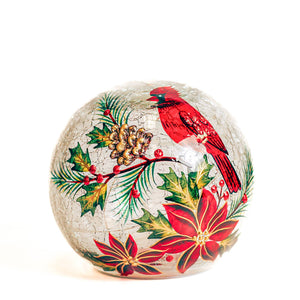 Poinsettia Cardinal Glass Orb with LED String Lights