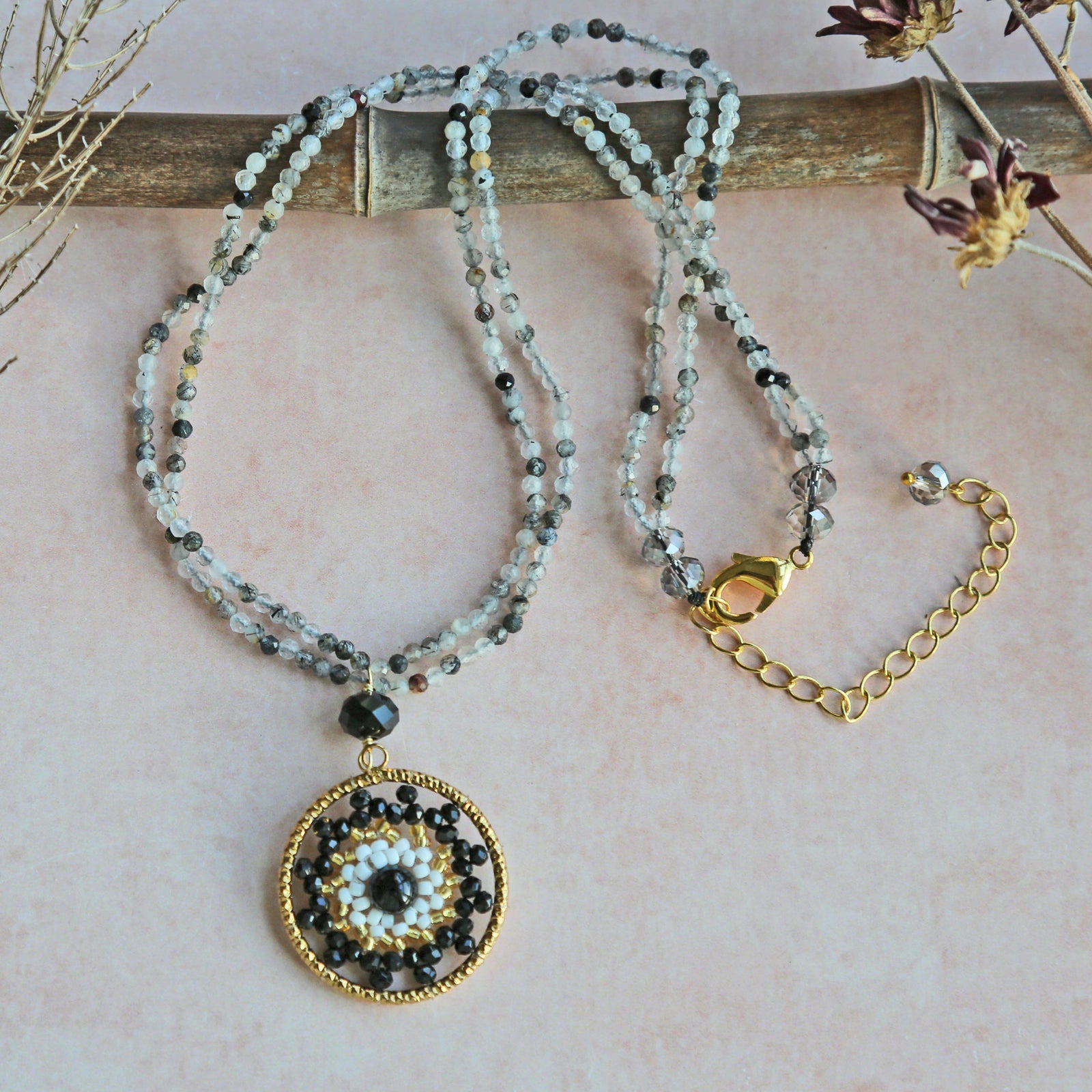 Hand Beaded Medallion Pendant Rutilated Quartz Necklace