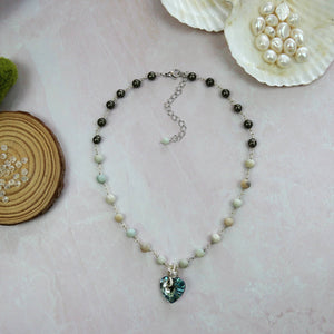 Amazonite, Pyrite and Heart Crystal Pendant Choker Necklace.