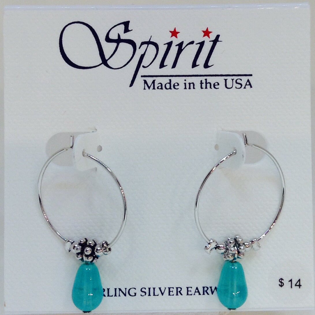 Teal Bead Silver Hoop