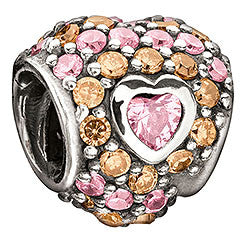 Sterling Silver w Stone - Jeweled Heart in Heart - Pastel Pink and Orange CZ