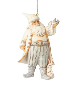 White Woodland Santa w/ Birds Ornament