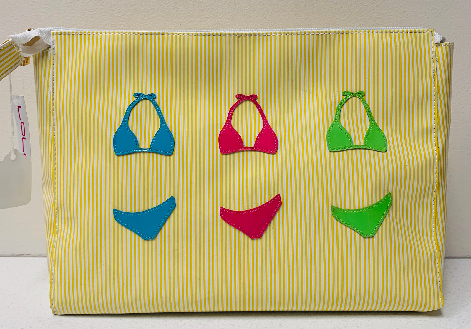 Yellow Stripes Betty Cosmetic Case w/ Turq, Pink, & Green Bikinis